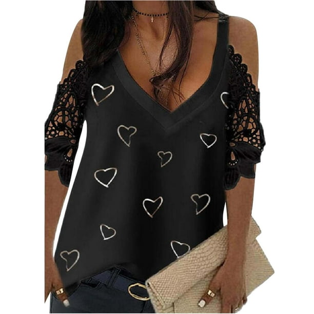 Women/'s Summer Lace Cold Shoulder T Shirt Casual V Neck Floral Blouse Loose Tops